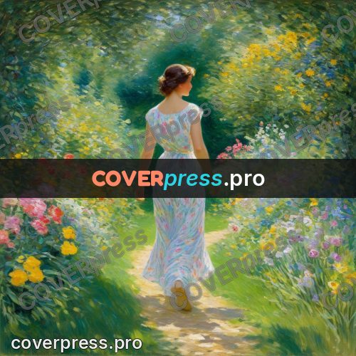 Impressionist illustration: woman on a garden path