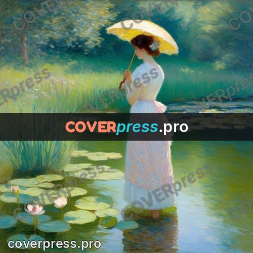 Impressionist illustration: woman with a parasol by water