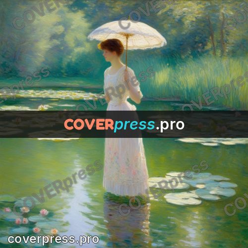 Impressionist illustration: woman with a parasol by water