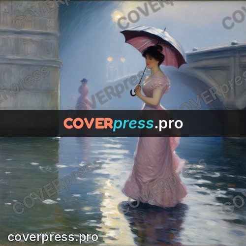 Impressionist illustration: woman with an umbrella in rain