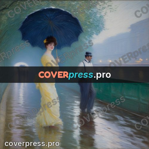 Impressionist illustration: woman with an umbrella in rain