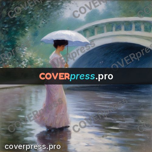 Impressionist illustration: woman with an umbrella in rain