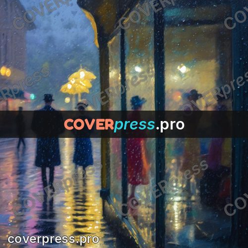 Impressionist illustration: passers-by at lit shop windows