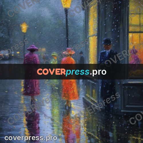 Impressionist illustration: passers-by at lit shop windows