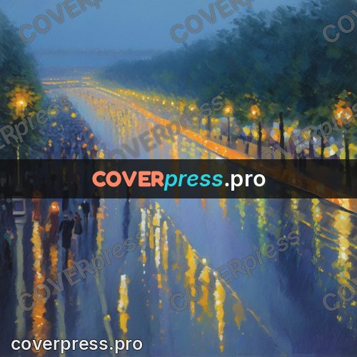 Impressionist illustration: evening boulevard with lights
