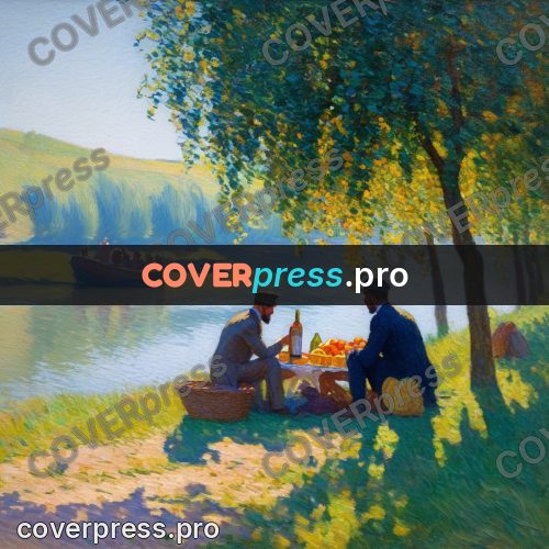 Impressionist illustration: picnic on a river bank