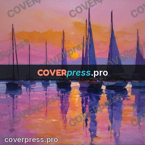 Impressionist illustration: boats on water at sunset