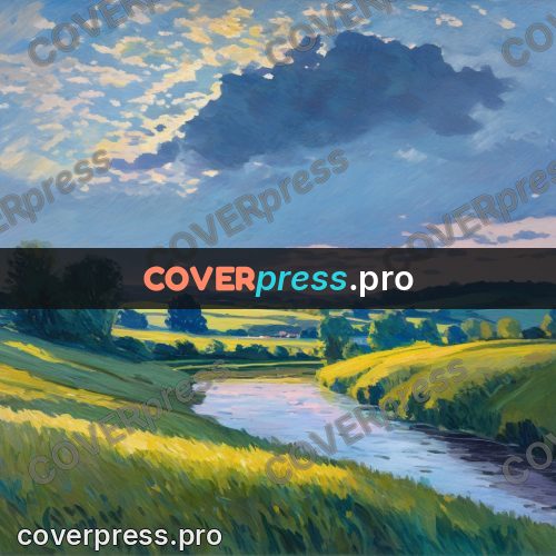 Impressionist illustration: river among green fields