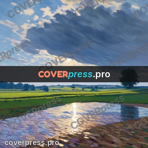 Impressionist illustration: river among green fields