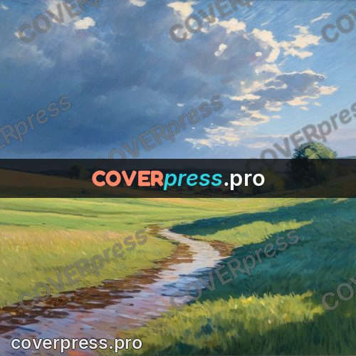 Impressionist illustration: river among green fields