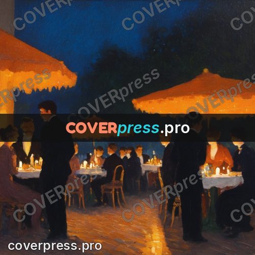 Impressionist illustration: evening café under lanterns