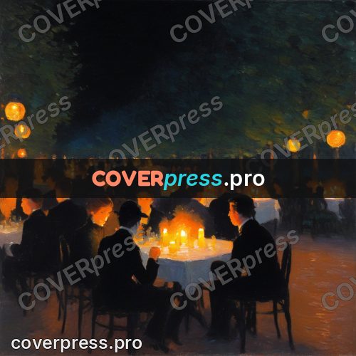 Impressionist illustration: evening café under lanterns