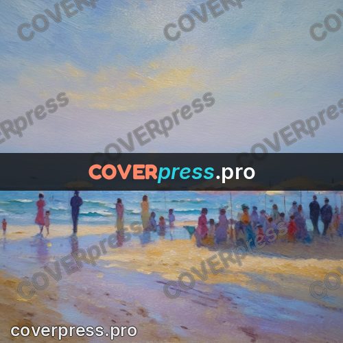 Impressionist illustration: people with parasols on a beach