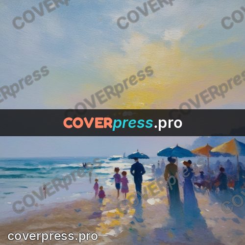 Impressionist illustration: people with parasols on a beach