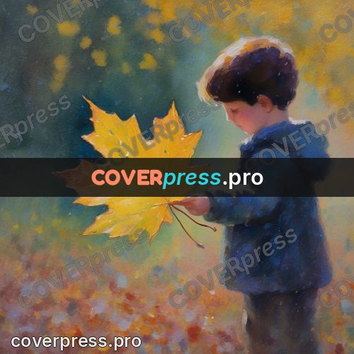 Impressionist illustration: child holding a maple leaf