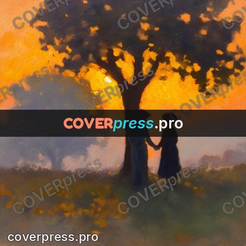 Impressionist illustration: figure under a tree at sunset
