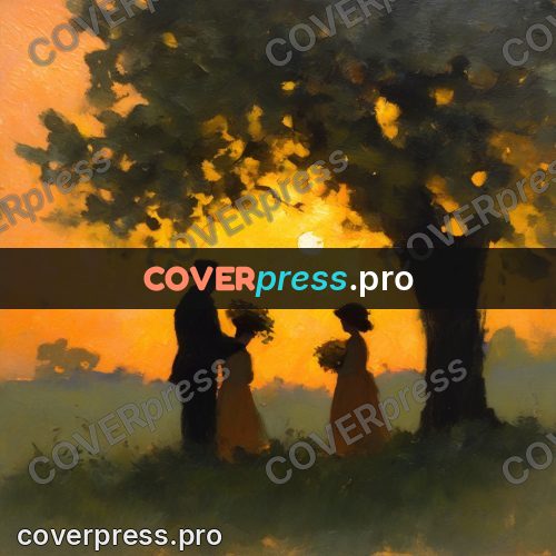 Impressionist illustration: figure under a tree at sunset
