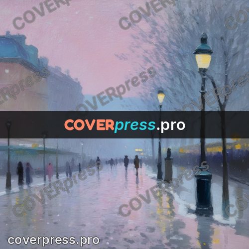 Impressionist illustration: snowy boulevard at dusk