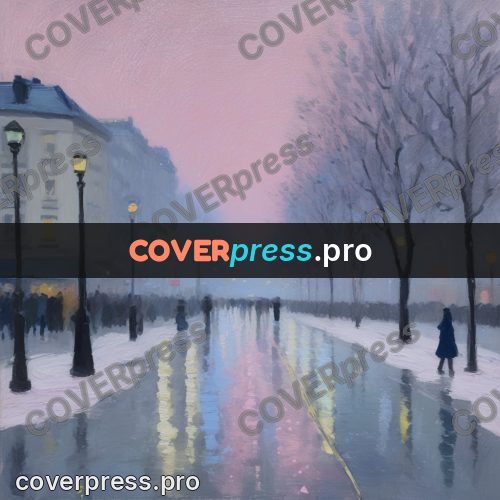 Impressionist illustration: snowy boulevard at dusk