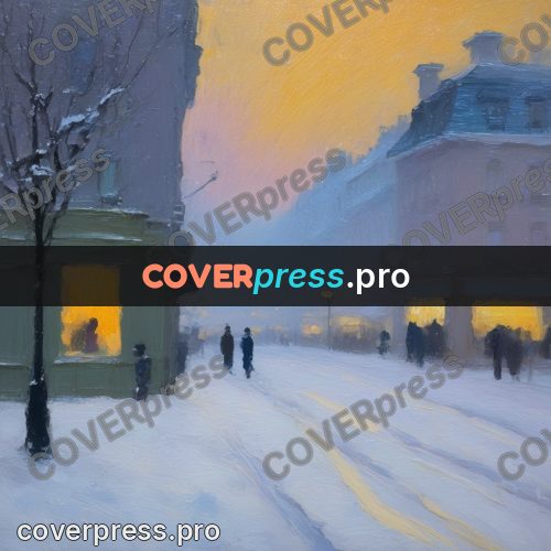 Impressionist illustration: snow-covered street with lamps