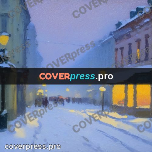 Impressionist illustration: snow-covered street with lamps