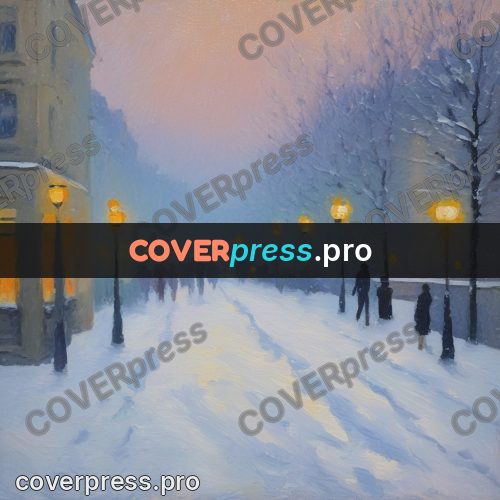 Impressionist illustration: snow-covered street with lamps