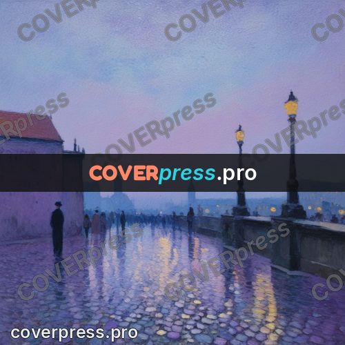 Impressionist illustration: wet paving at dusk