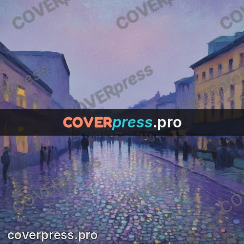 Impressionist illustration: wet paving at dusk
