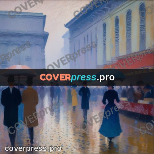 Impressionist illustration: people with umbrellas on a square