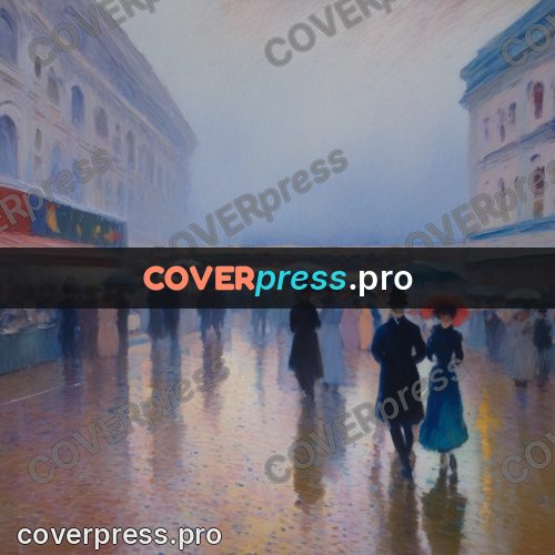 Impressionist illustration: people with umbrellas on a square