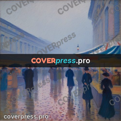 Impressionist illustration: people with umbrellas on a square
