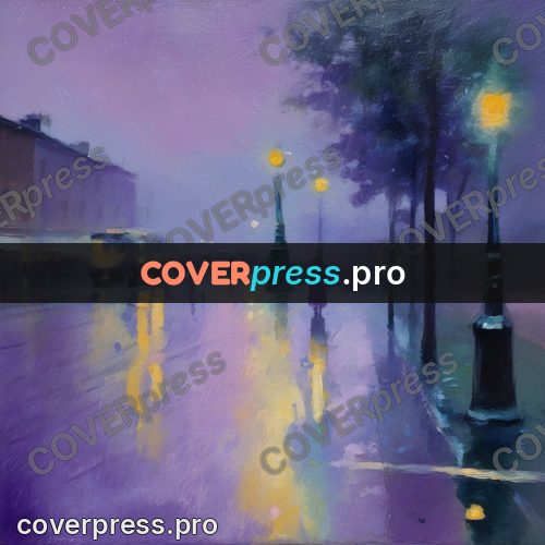 Impressionist illustration: road under lamps after rain