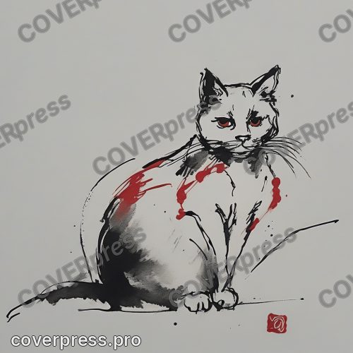 В стиле Тушь: кот одним мазком, красная печать