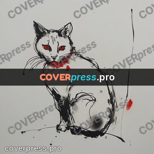 Ink sketch: cat sitting on bare paper