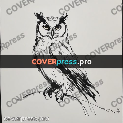 Ink sketch: owl with raised ear tufts