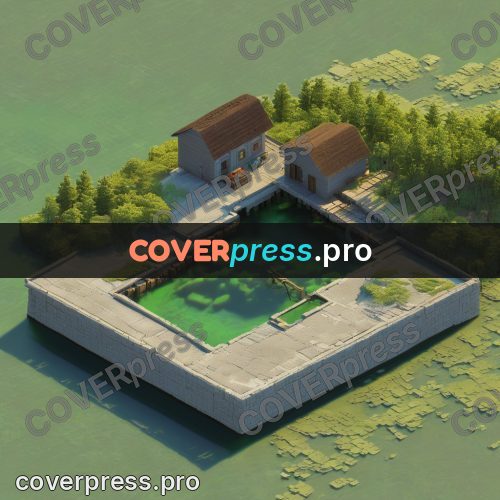 3d diorama: buildings by a walled pond