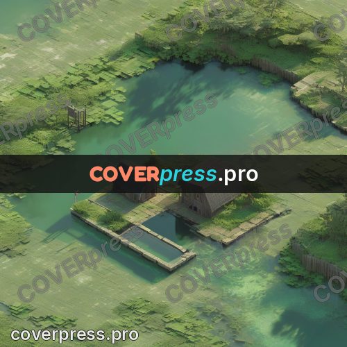 3d diorama: buildings by a walled pond