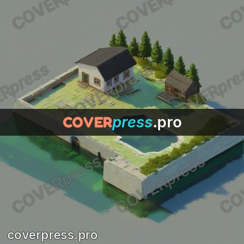 3d diorama: buildings by a walled pond