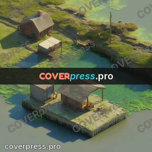 3d diorama: buildings by a walled pond