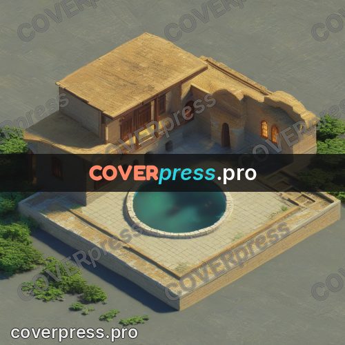 3d diorama: sandstone house with a round pool