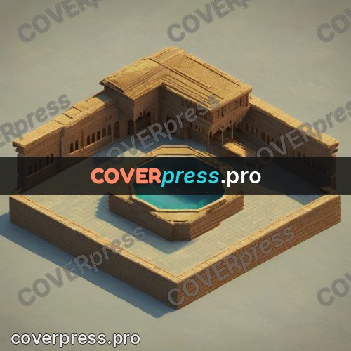3d diorama: sandstone house with a round pool