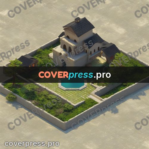 3d diorama: sandstone house with a round pool