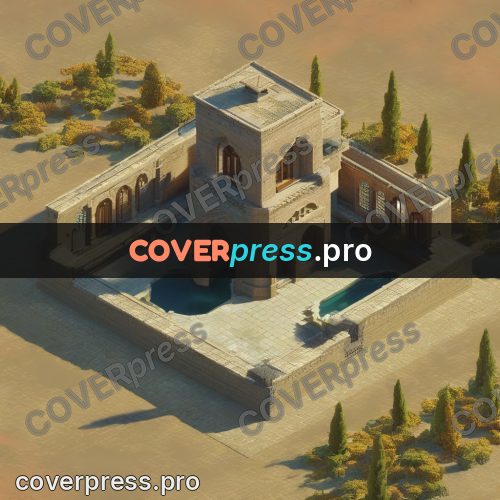 3d diorama: sandstone house with a round pool
