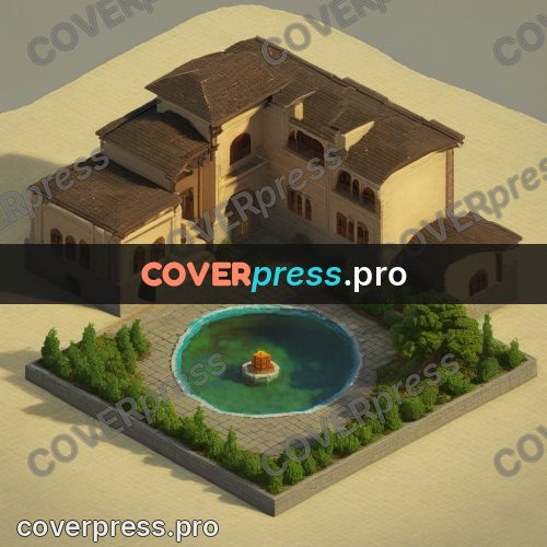3d diorama: sandstone house with a round pool