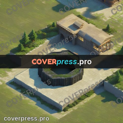 3d diorama: courtyard with a pond behind walls