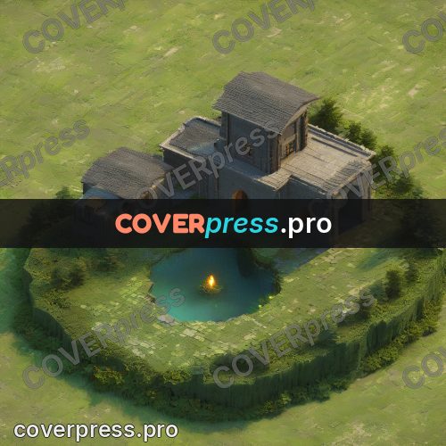 3d diorama: courtyard with a pond behind walls