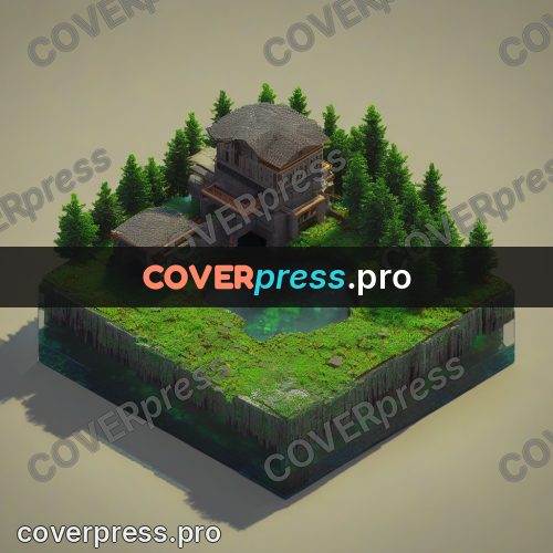 3d diorama: courtyard with a pond behind walls