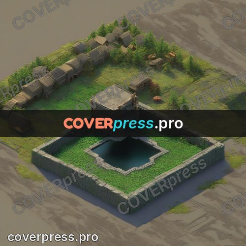 3d diorama: courtyard with a pond behind walls