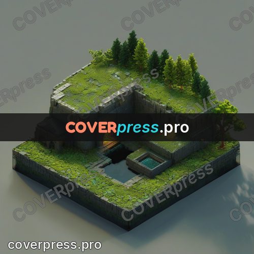 3d diorama: courtyard with a pond behind walls