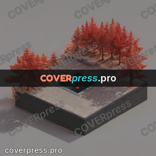 3d diorama: brick courtyard with red trees